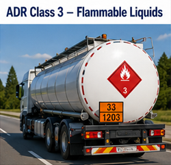 Camião cisterna de combustível a transportar líquidos inflamáveis com sinais de perigo ADR Classe 3