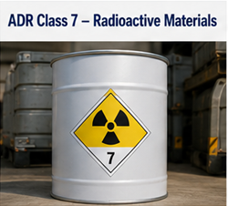 Transporte de material radioativo com símbolos de perigo ADR Classe 7 e contentores protegidos