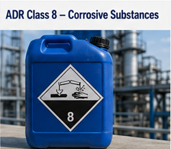 Produtos químicos corrosivos em contentores industriais com rótulos de aviso ADR Classe 8