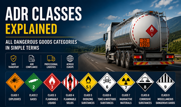 Classes ADR de mercadorias perigosas com rótulos de perigo e categorias de transporte na Europa