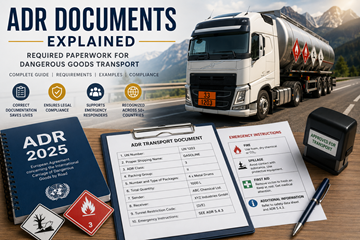 Documentos ADR de transporte de mercadorias perigosas e documentação logística obrigatória na Europa