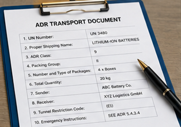 Documentos e papelada de transporte ADR para remessas de baterias de lítio