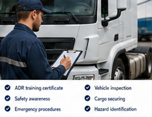 Motorista certificado ADR a inspecionar um veículo de transporte de mercadorias perigosas na Europa