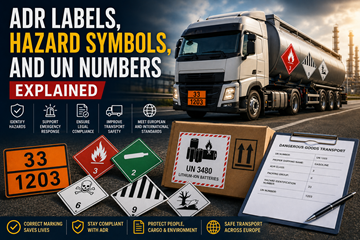 Etiquetas ADR, símbolos de perigo, placas laranja e números ONU usados no transporte de mercadorias perigosas na Europa