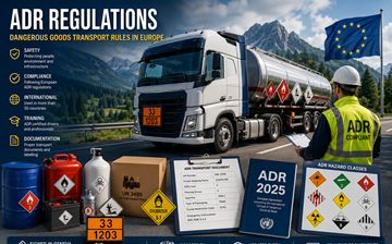 Regulamentos ADR de transporte de mercadorias perigosas na Europa com camião de carga perigosa e sistemas de conformidade