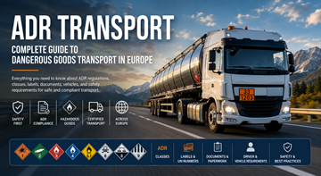 Camião de transporte ADR a transportar mercadorias perigosas numa autoestrada europeia com placas laranja de perigo e marcações de segurança