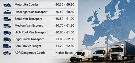Tarifas de transporte por quilómetro na Europa para carrinhas, camiões e logística de frete