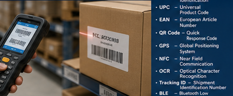 Trabalhador de armazém a ler etiquetas RFID e etiquetas de código de barras durante a gestão de inventário