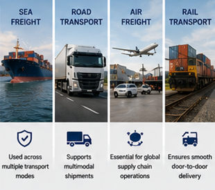 Operações de transporte marítimo, rodoviário, aéreo e ferroviário com documentos de Bill of Lading