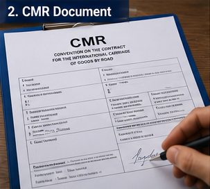 Documento de transporte CMR usado no transporte rodoviário europeu com detalhes do envio e assinaturas
