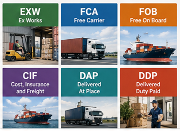 Visão geral dos Incoterms mais comuns, incluindo EXW, FOB, CIF, DDP e DAP na logística global