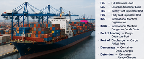 Operações de transporte de contentores com navios de carga, terminais portuários e abreviações de transporte marítimo e logística internacional