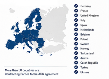 Países europeus e internacionais que utilizam a regulamentação ADR para transporte de mercadorias perigosas
