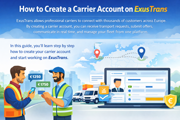 Transportadoras profissionais usando a plataforma ExusTrans para receber solicitações de transporte, gerenciar a frota e se comunicar com clientes em toda a Europa