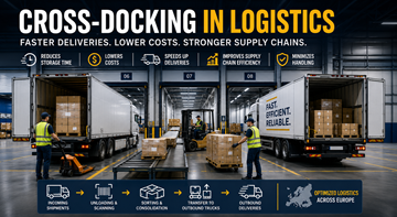 Armazém de cross-docking com camiões a carregar e a descarregar mercadorias num centro logístico moderno europeu