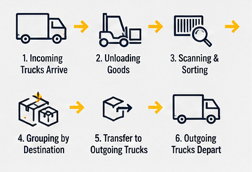 Fluxo de trabalho de cross-docking com camiões logísticos de entrada e de saída