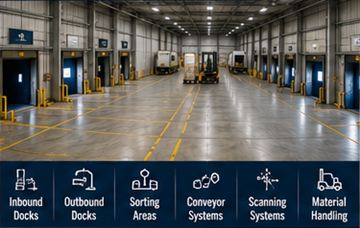 Terminal de cross-docking com docas de carga, camiões e operações de triagem