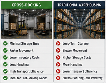 Comparação entre operações de cross-docking e armazenamento tradicional em armazém