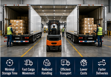 Armazém de cross-docking a transferir paletes diretamente entre camiões