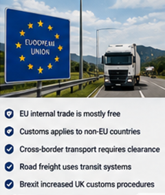 Camiões europeus a atravessar fronteiras e a concluir procedimentos aduaneiros em operações logísticas