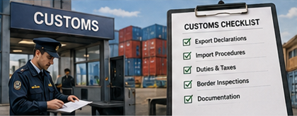 Agentes aduaneiros a verificar carga internacional e documentos de transporte para operações de importação e exportação