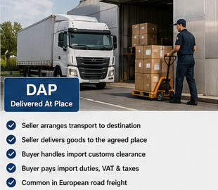 Camião a entregar carga no destino do cliente ao abrigo dos termos de transporte DAP