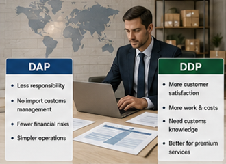 Exportador a gerir alfândega e operações de logística internacional ao abrigo de acordos DDP e DAP