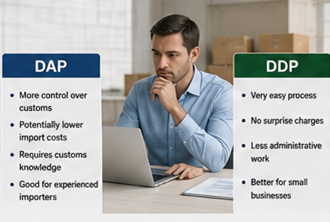 Importador a comparar opções de transporte internacional DDP e DAP