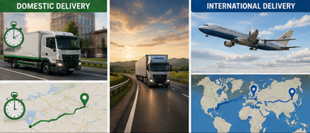 Apresentação de prazos de entrega nacionais e internacionais com camiões logísticos, aviões, mapas e rotas de transporte