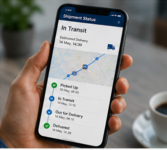 Cliente a usar uma aplicação de tracking de entrega no smartphone com atualizações e notificações de remessa em direto