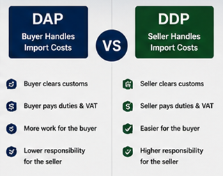 Comparação visual entre as responsabilidades DDP e DAP no transporte e logística internacional