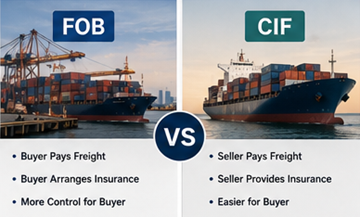 Comparação visual das responsabilidades de envio FOB e CIF na logística internacional