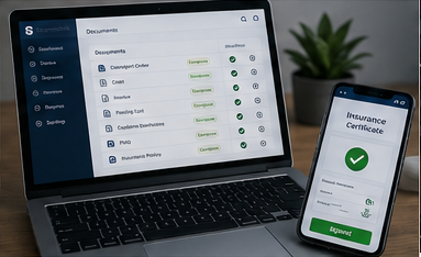 Plataforma digital de logística mostrando certificados de seguro online e gestão de documentos de transporte