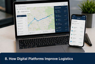 Painel de uma plataforma digital de logística com monitorização, comunicação e pedidos de transporte
