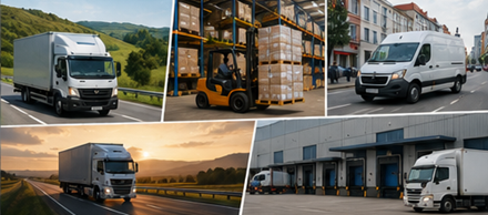 Transporte nacional de carga com camiões de entregas locais, armazéns, logística urbana e operações de transporte regional