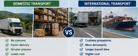 Comparação entre transporte nacional e internacional com camiões locais, inspeções aduaneiras, portos e logística internacional de carga