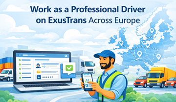 Motorista profissional de camião a utilizar a plataforma móvel e web da ExusTrans para gerir serviços de transporte, veículos e entregas em toda a Europa