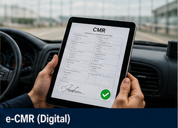 Motorista a usar um tablet para assinar um documento CMR digital eCMR num sistema de logística