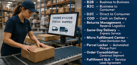 Operações de fulfillment em armazém de eCommerce com triagem de encomendas e processamento de pedidos online