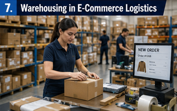 Armazém de fulfillment de e-commerce a preparar encomendas online para expedição
