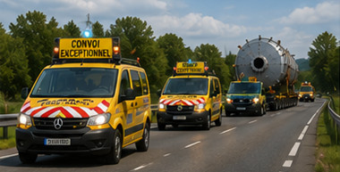 Veículos de escolta a acompanhar um comboio de transporte sobredimensionado numa autoestrada europeia