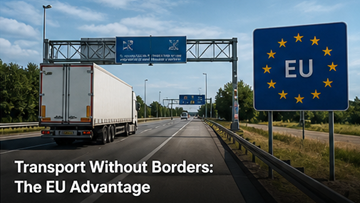 Camião a atravessar uma fronteira europeia sem alfândega, mercado único da UE, livre circulação de mercadorias, autoestrada na Europa