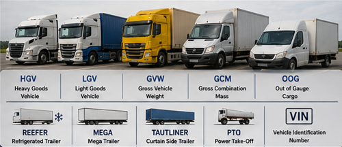 Diferentes veículos comerciais de transporte na Europa, incluindo camião frigorífico, semirreboque mega, camião de lona lateral, carrinha de carga e veículos de transporte com plataforma