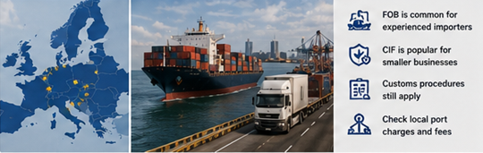 Operações portuárias europeias com contentores de carga importada e procedimentos aduaneiros