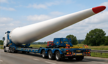 Pá de turbina eólica, máquina de construção e equipamento industrial transportados como carga sobredimensionada