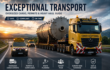 Comboio de transporte excecional a transportar carga industrial sobredimensionada pela Europa ao pôr do sol