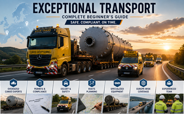 Camião de transporte excecional a transportar carga industrial sobredimensionada numa autoestrada europeia com veículos de escolta