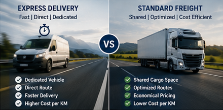 Comparação entre preços de entrega expresso e transporte standard de mercadorias