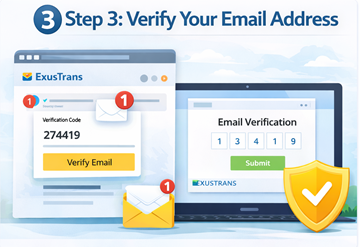 Validar endereço de e-mail na ExusTrans com código numérico de confirmação durante o registo de cliente