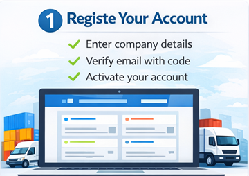 Registar conta de cliente na ExusTrans com dados da empresa e validação por e-mail